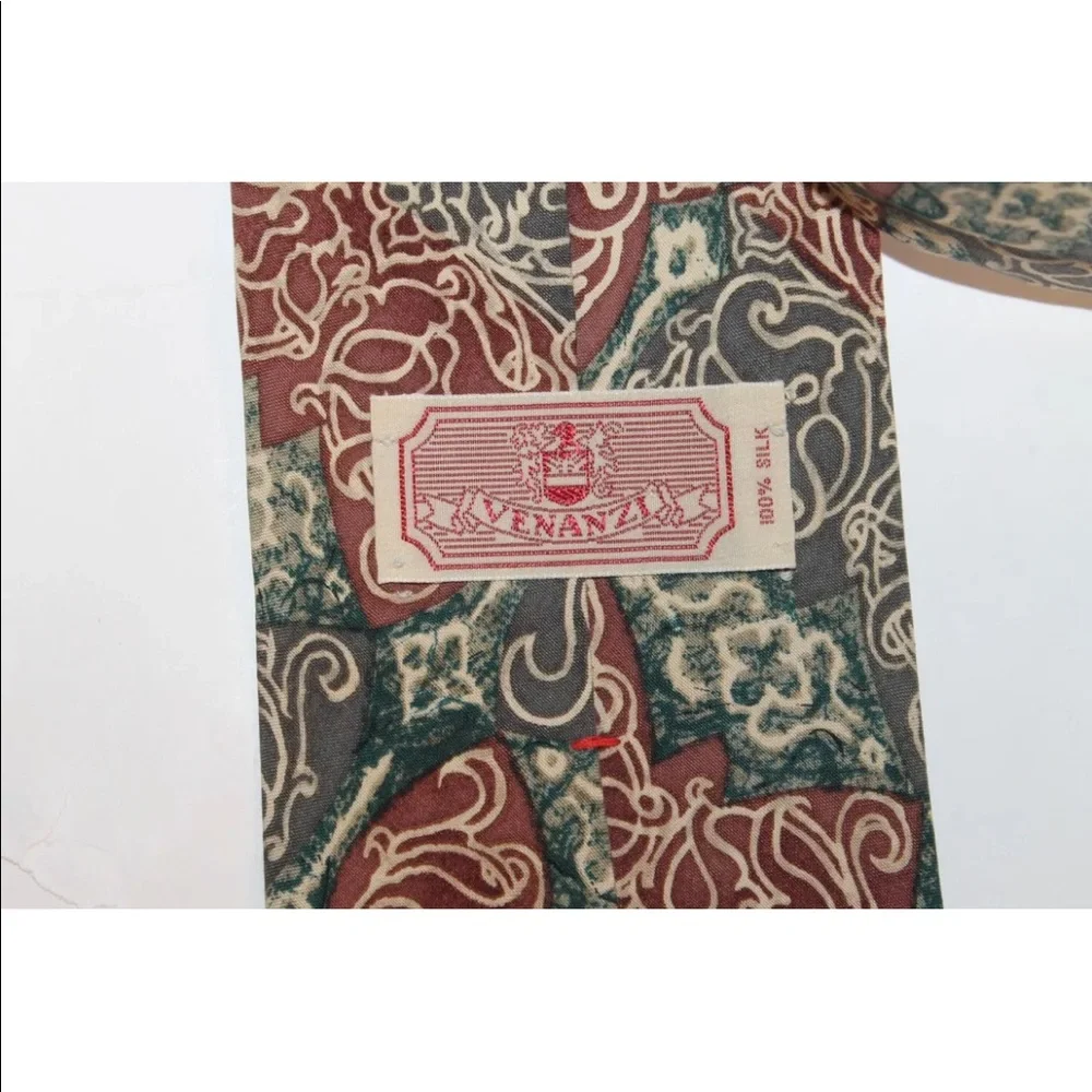 2/$20 Venanzi Men Neck Tie 100% Silk Abstract Cognac Wavy Design Gray Green - Picture 5 of 6